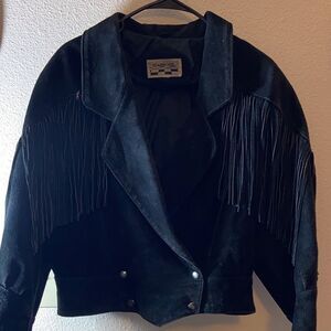 VTG, 80s Stylish Black Fringe Women's Blazer Leather Jacket Size Appropriate L